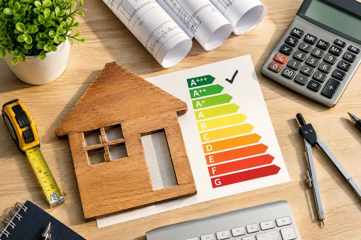 prikaz drvene makete kuće, kalkulatora, šestara i papira za gradnju i energetsku efikasnost pored